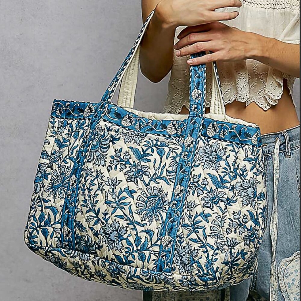 POL Ivory Blue Floral Quilted Tote Bag Block Print Cotton Boho Market Beach Bag